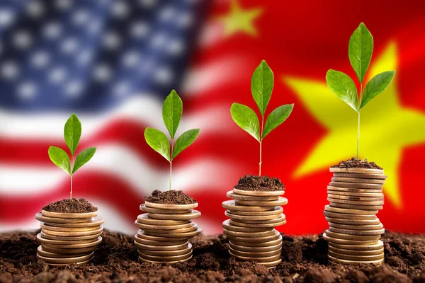 America and China trade agreement. Money growing from the soil, trade war concept with flags in the background and money tree in front