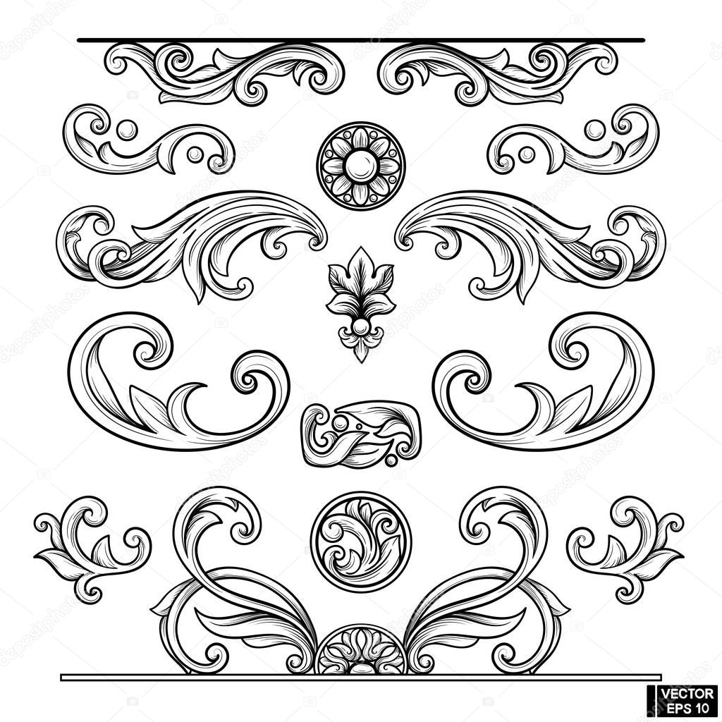 Set of element baroque engraving floral scroll