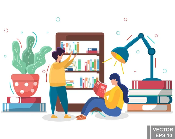 Concept les jeunes lisent des livres. formation. Bibliothèque. Pour votre design. Style plat . — Image vectorielle