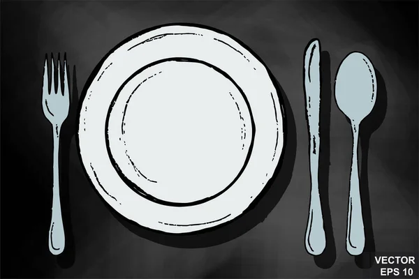 Rajzfilm stílus. Villát, tányért, kést. A krétával. Asztalbeállítás. — Stock Vector