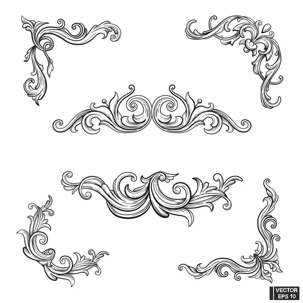 Set of element baroque engraving floral scroll — Stock Vector