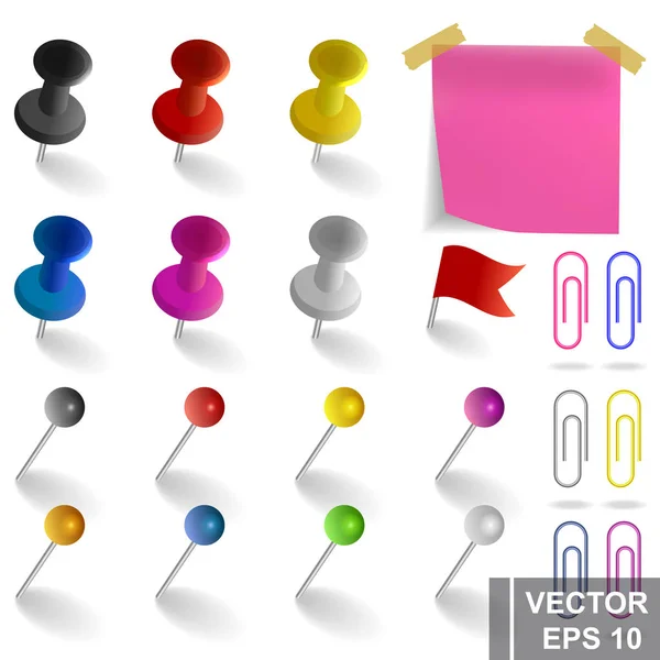 Conjunto Pinos Coloridos Pregos Clipes Papel Papelaria Para Seu Design — Vetor de Stock