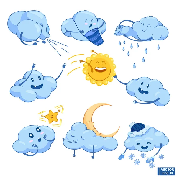 Divertidas nubes sonrientes felices y lindo sol, y media luna . — Vector de stock