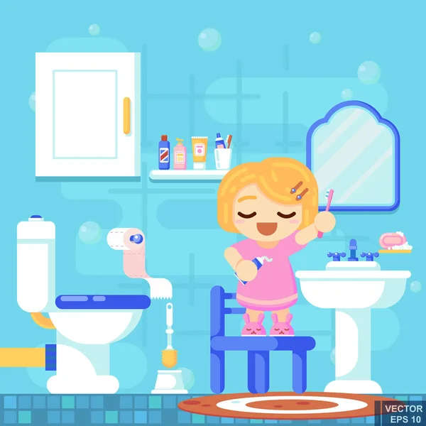 Улыбка девушки чистить зубы душ в ванной комнате. Современная плоская векторная иллюстрация — стоковый вектор