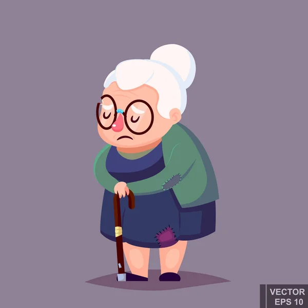 Καρτούν φτωχή ηλικιωμένη γυναίκα με παλιά ρούχα με μπαστούνι και γυαλιά. Εικονογράφηση διανύσματος. — Διανυσματικό Αρχείο