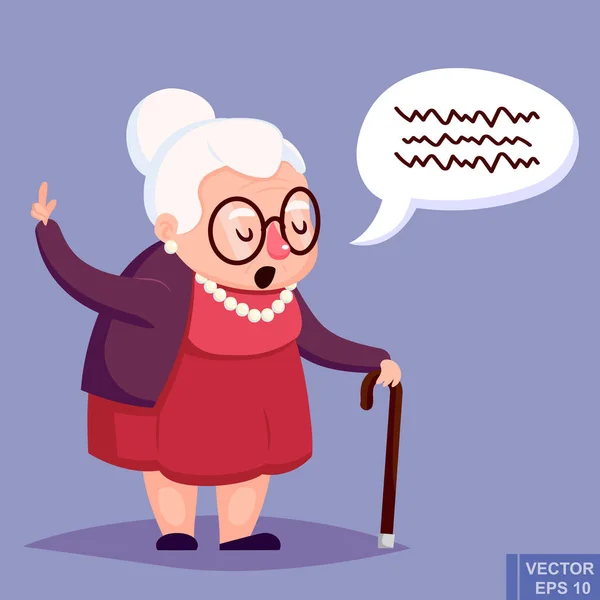 Una anciana con bastón. Gafas de señora mayores hablando advirtiendo a su dedo arriba. Ilustración vectorial . — Archivo Imágenes Vectoriales