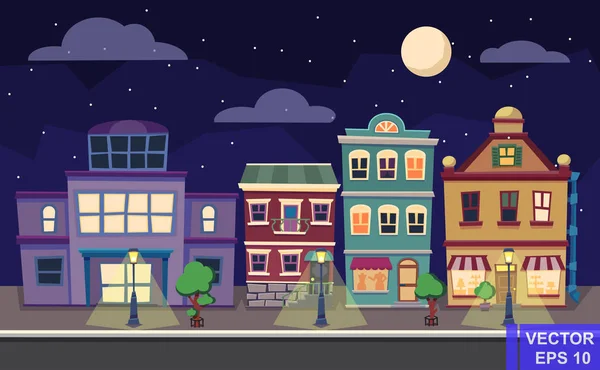 Векторная карикатурная ретро-иллюстрация городского ландшафта фасадов домов. Ночной городской пейзаж . — стоковый вектор
