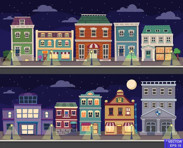 Vector cartoon retro illustration city houses facades landscape. Night cityscape. Old colourful buildings — Stock Vector