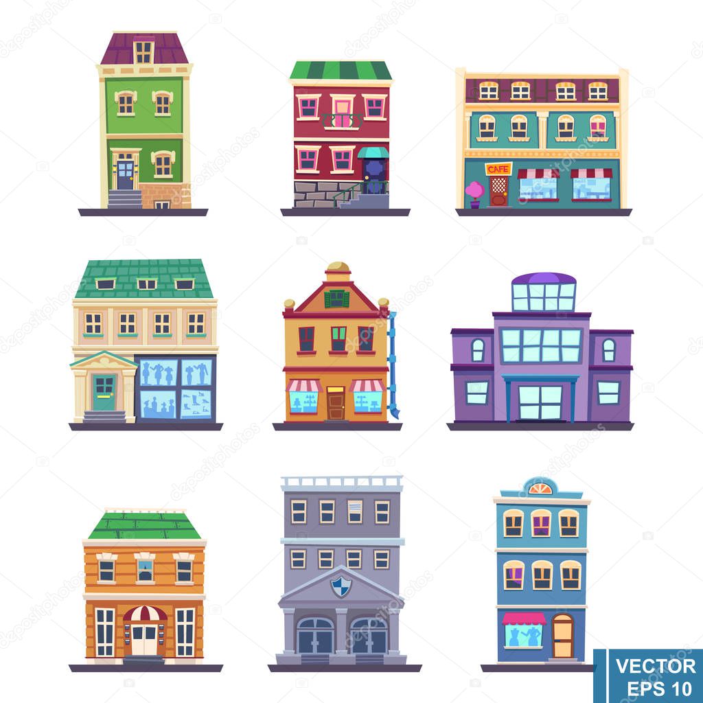 cartoon Apartment Building collection buildings icons set for tourists isolated vector illustration