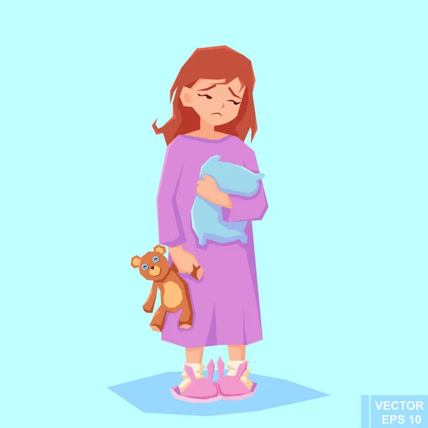 Slapeloos Meisje Verdrietig Kind Met Speelgoedbeer Kind Heeft Nachtmerrie Slapeloosheid — Stockvector