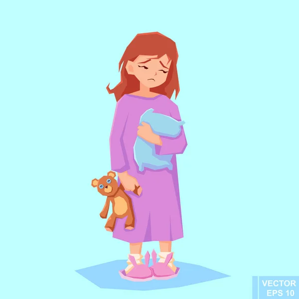 Chica Insomne Triste Niño Con Oso Juguete Niño Tiene Pesadilla — Vector de stock