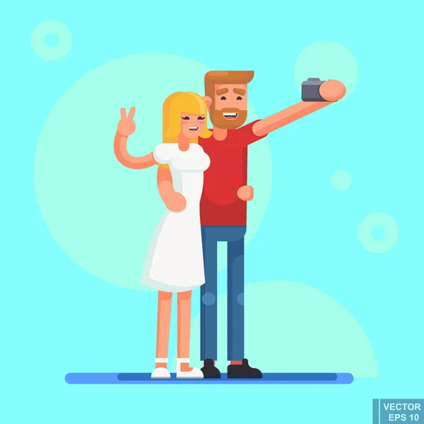 Koppels Selfie Foto Eps10 Afbeelding Platte Illustratie — Stockvector