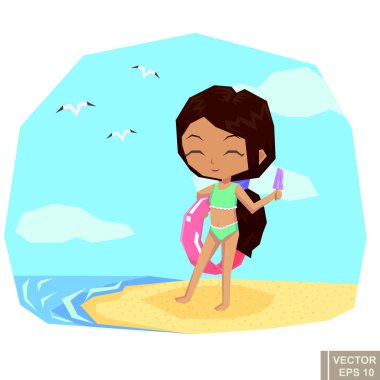 Şişme yüzük ve dondurma tutan tatlı kız. Yaz tatili. çizgi film vektör illüstrasyonu eps10