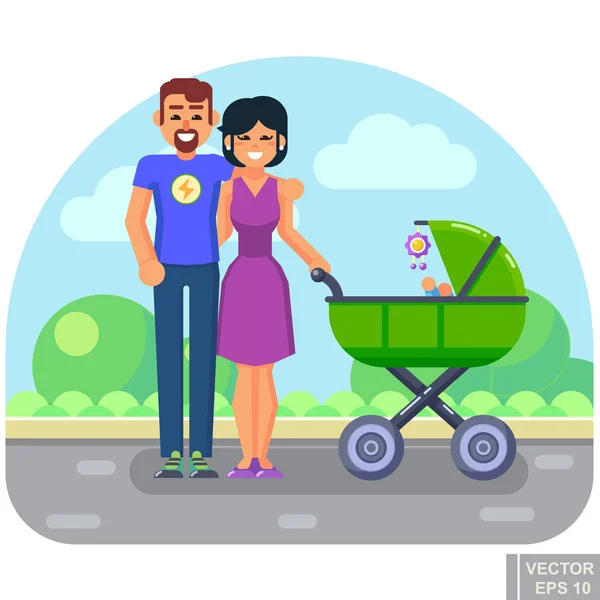 Gelukkig Jong Gezin Met Een Baby Kinderwagen Wandelen Park Concept — Stockvector