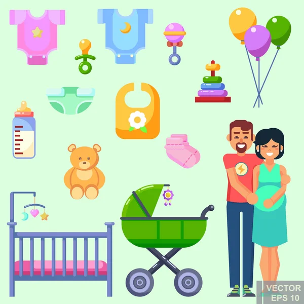 Conjunto Accesorios Tela Juguetes Iconos Para Bebé Niño Con Padres — Vector de stock