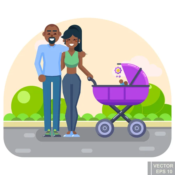 Familia Joven Feliz Con Bebé Cochecito Caminando Concepto Park Ilustración — Vector de stock