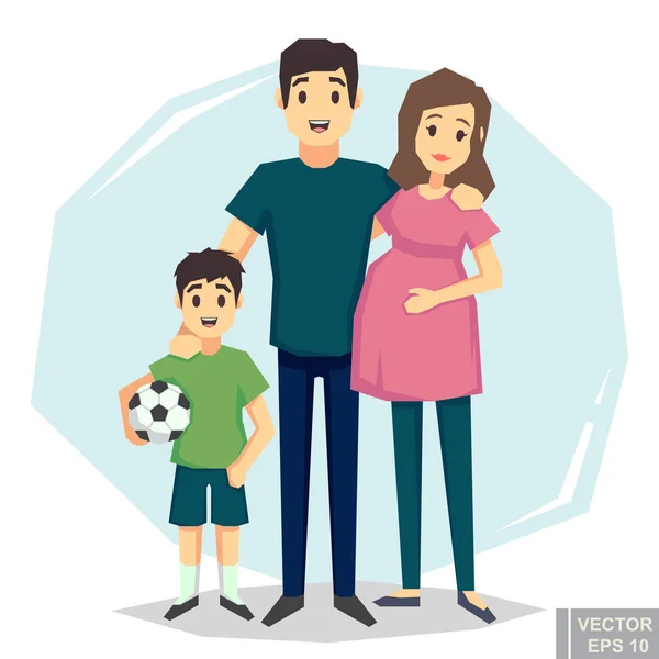 Zwangere Vrouw Met Man Zoon Cartoon Familie Verwachten Ouders Kind — Stockvector