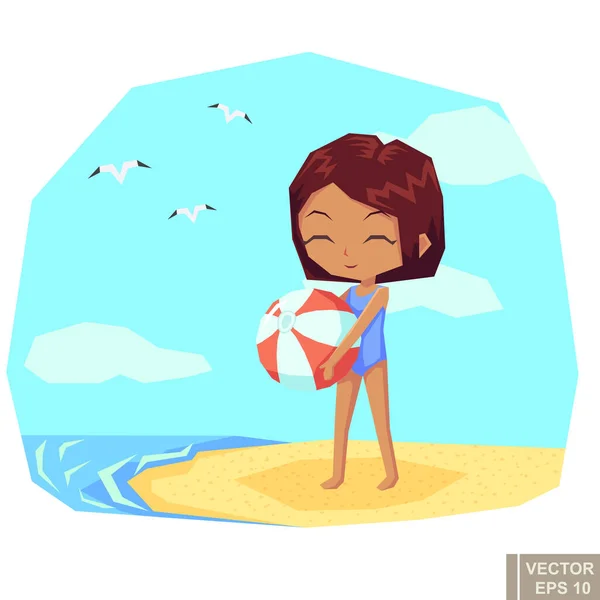 Jolie Fille Tenant Ballon Été Plage Vacances Sable Mer Illustration — Image vectorielle