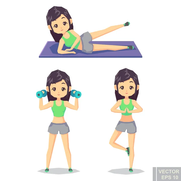 Active Fitness Girl Lifts Weights Exercises Vector Character Illustration Different — Stock Vector