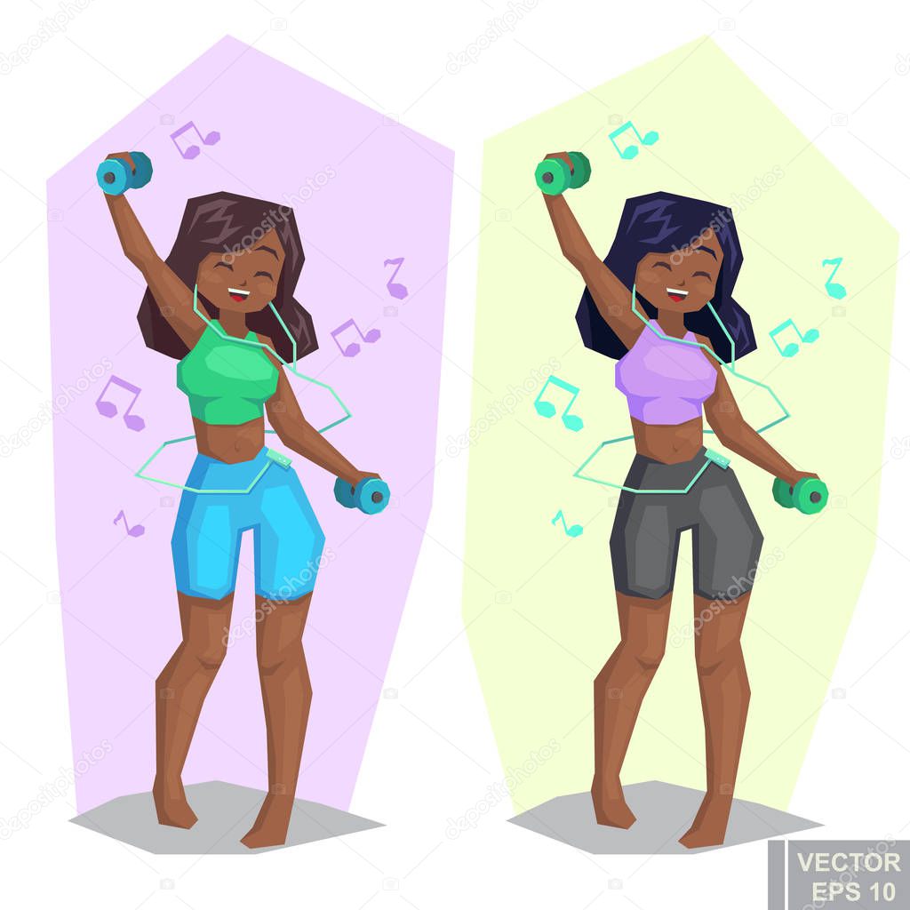woman working out with dumbbells Music fun exercise cartoon vector illustration eps10.