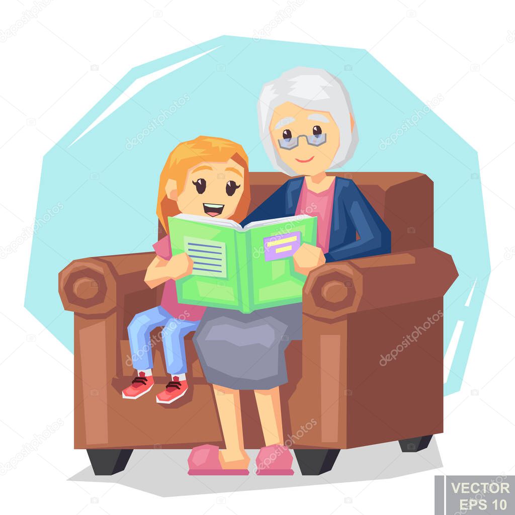 Illustration of kid grandson listening their grandmother reading a book story cartoon vector illustration eps10.