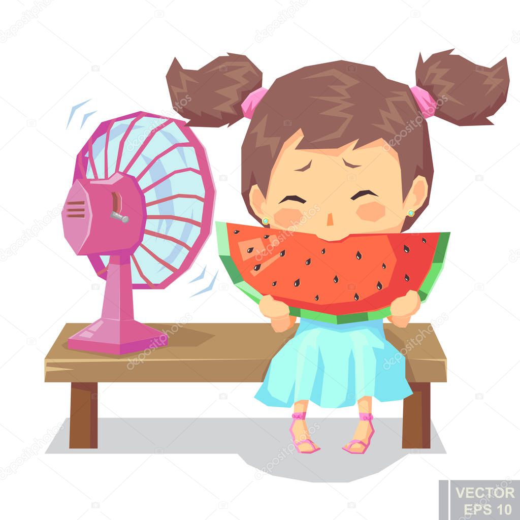 illustration of happy child girl enjoy eating watermelon in hot day with fan cartoon vector eps10.