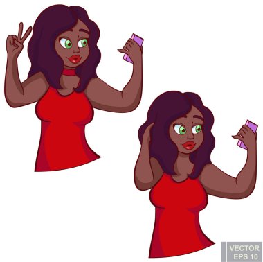 Şirin, koyu tenli, tombul, şişman, akıllı telefonlu, selfie çeken, güzel poz veren şişman bir kız. Clip-art karikatür vektör illüstrasyonu eps10