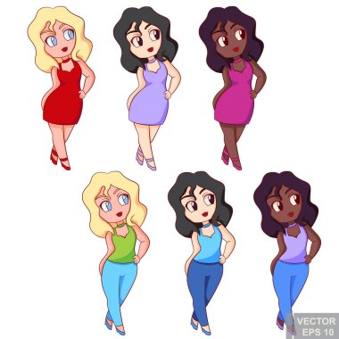 Şirin, çokuluslu tombul, iri cüsseli, kotlu, güzel poz veren kızlar. Clip-art karikatür vektör illüstrasyonu eps10