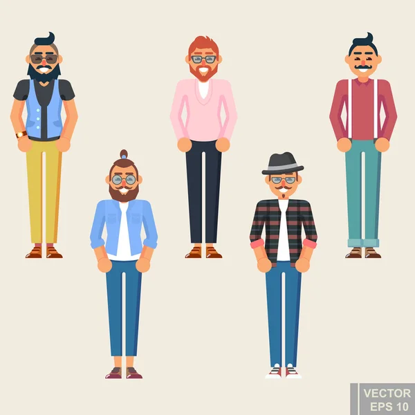 希斯特风格的大胡子男人 角色集阿凡达平面收藏极客包男人设置孤立的矢量插图 — 图库矢量图片