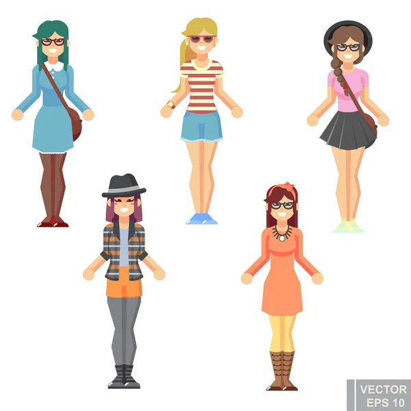 Hipster Estilo Divertido Mujer Carácter Conjunto Avatar Plana Colección Geek — Archivo Imágenes Vectoriales