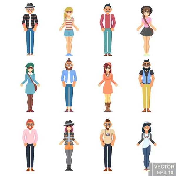 Hipster Estilo Barbudo Hombre Joven Mujer Carácter Conjunto Avatar Plana — Vector de stock