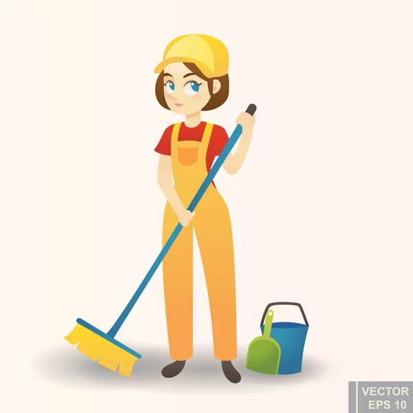 Ilustracja Uroczej Kreskówki Girl Providing Housecleaning Service Wektor Kreskówki Eps10 — Wektor stockowy