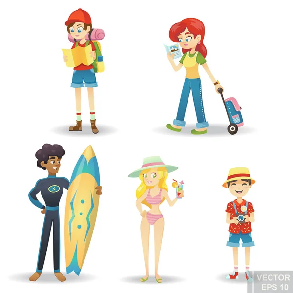 Viajando Personaje Dibujos Animados Happy World Travel Conjunto Personas Vacaciones — Vector de stock