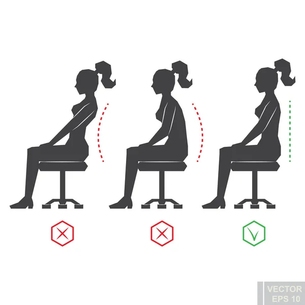 Vecteur Position Arrière Correcte Femme Noire Silhouette Illustration Droite Posture — Image vectorielle