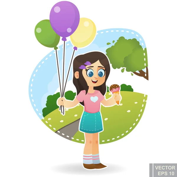 Cartoon Cute Little Child Kid Enjoying Summer Outdoor Park — Stock Vector