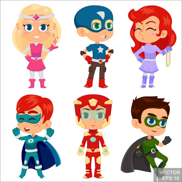 Süper Kahraman Çocuklar Erkekler Kızlar Çizgi Film Vektör Çizimi Süper — Stok Vektör