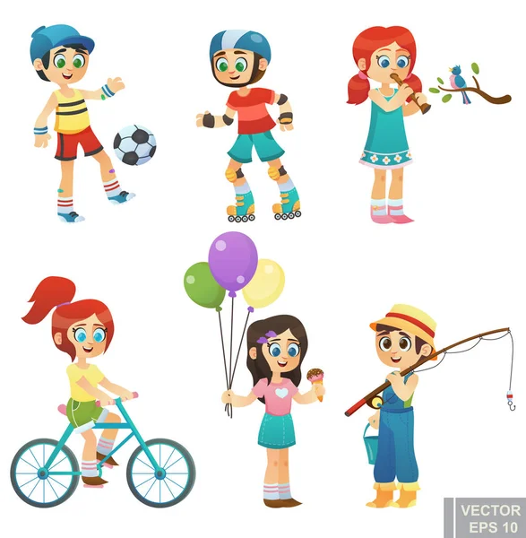 Set Cartoon Cute Little Children Kids Enjoying Summer Outdoor Park — Stock Vector