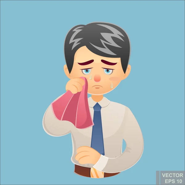 Vetor Desenho Animado Engraçado Chorando Empresário Limpa Suas Lágrimas Com — Vetor de Stock