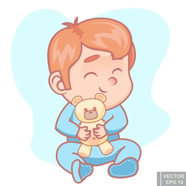 Vector Illustration Cute Cartoon Baby Boy Pajamas Teddy Bear — Stock Vector