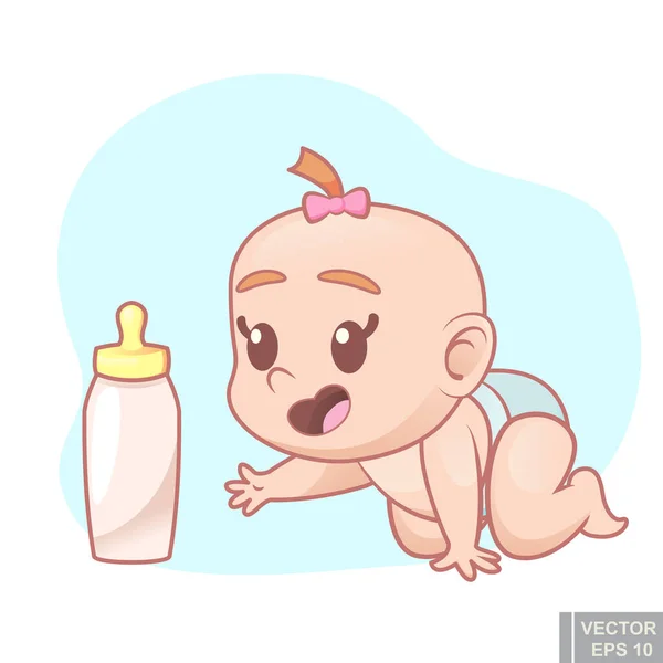 Schattig Cartoon Kruipen Baby Meisje Alle Vier Met Melk Fles — Stockvector