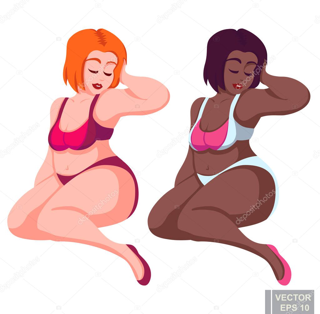 Cute white dark skin black chubby plus size plump girl in a swimsuit in sexy pose, beautiful woman posing. clip-art cartoon vector illustration eps10