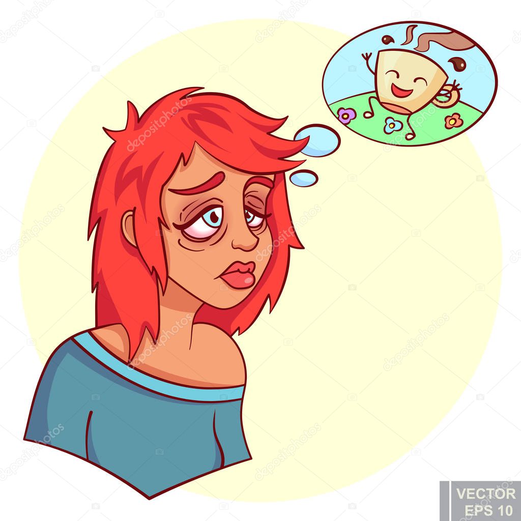 Tired sleepy adult young woman girl dreaming thinking about happy coffee cup. Funny cartoon vector illustration eps10.