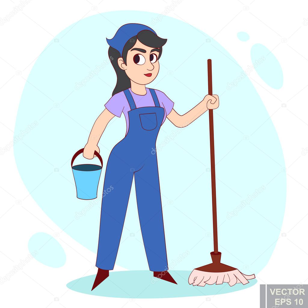 Cartoon cute girl with swab and bucket. Ready for cleaning Cleaner service vector illustration eps10.