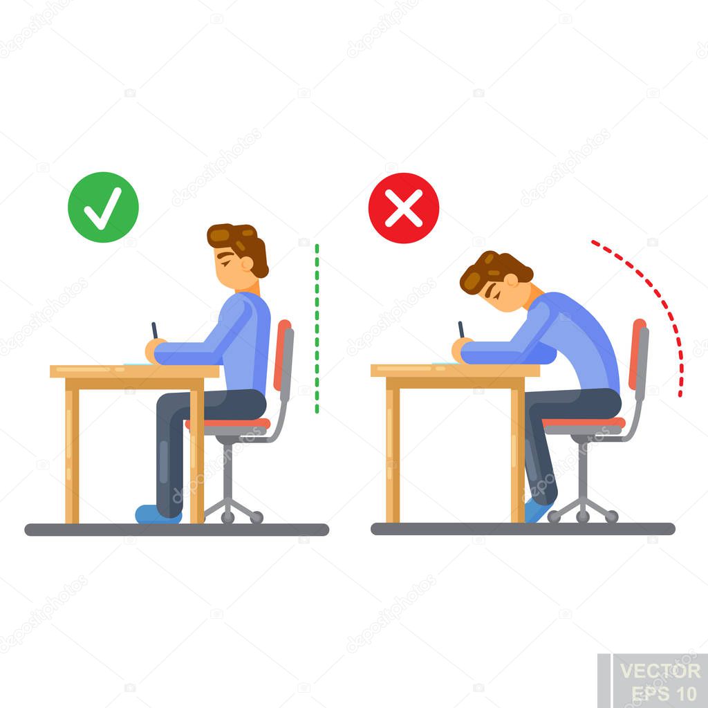 Vector - Correct body alignment in sitting working with computer eps10