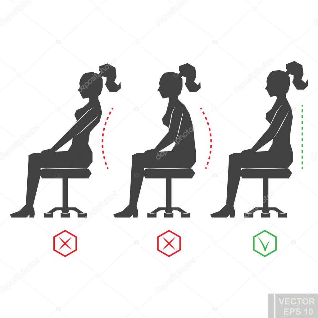 Vector - correct back position, black woman silhouette illustration right person posture eps10