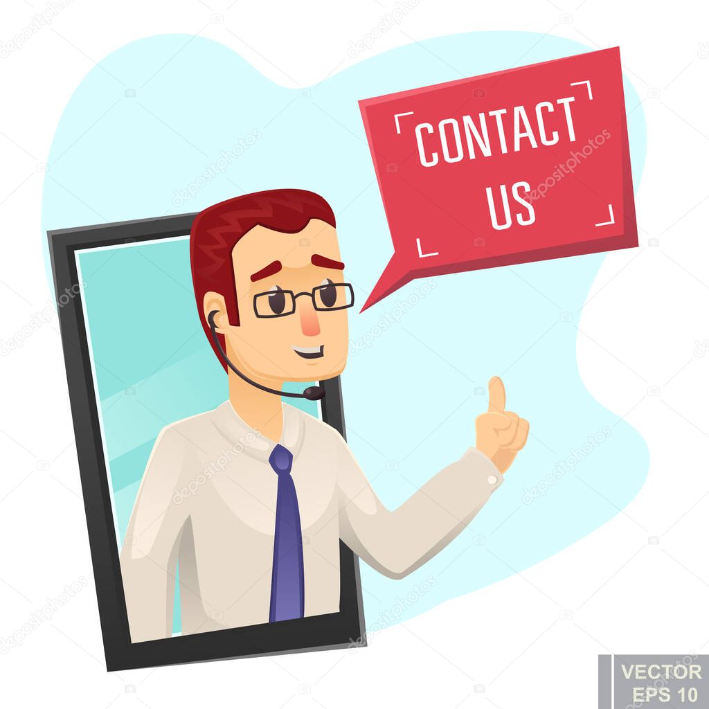 Call center help design Young funny man asking to contact us vector cartoon illustration eps10