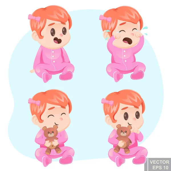 Vector Illustration Cartoon Baby Girl Pajamas Teddy Bear Happy Sad — Stock Vector