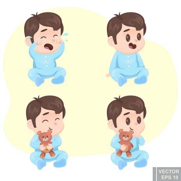 Vector Illustration Cartoon Baby Boy Pajamas Teddy Bear Happy Sad — Stock Vector