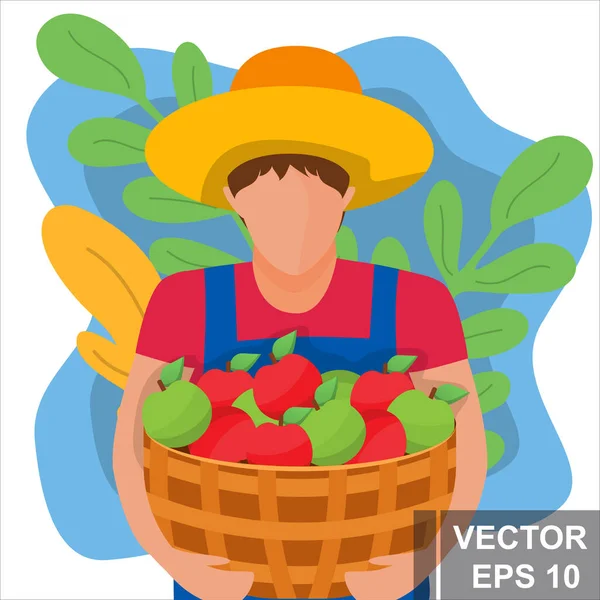 Granjero Cosecha Manzanas Para Diseño Estilo Plano Moderno — Vector de stock