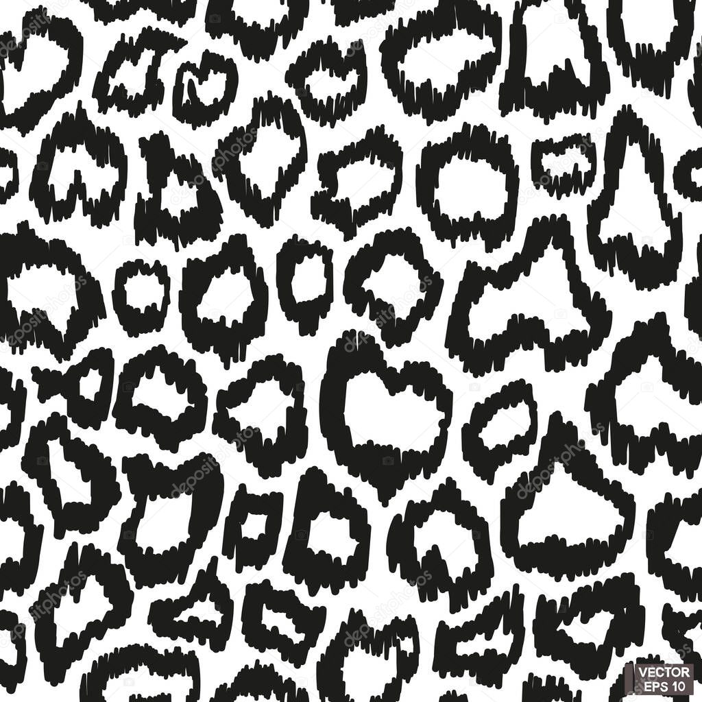Vector illustration. Black and white seamless pattern of hand drawn sketch leopard skin texture.
